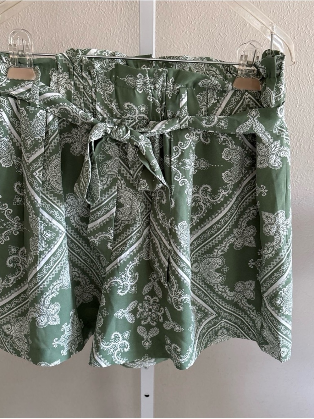 Olive Paisley Paperbag Waist Tie Shorts